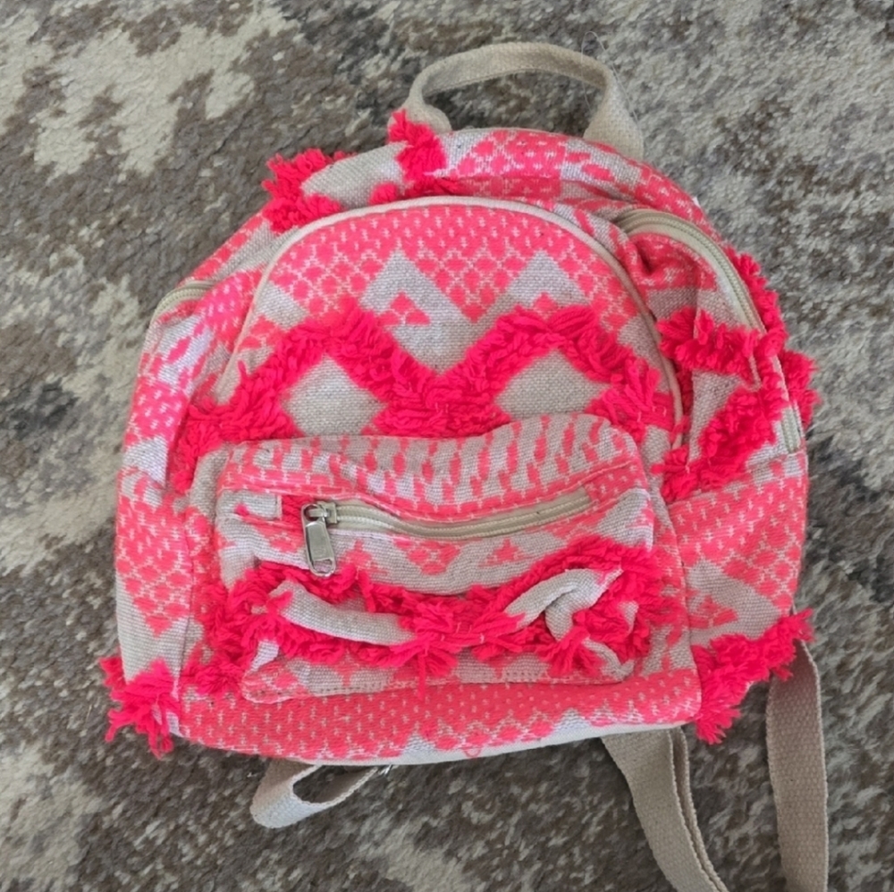 Mini Bright Pink And Tan Patterned Backpack NWT